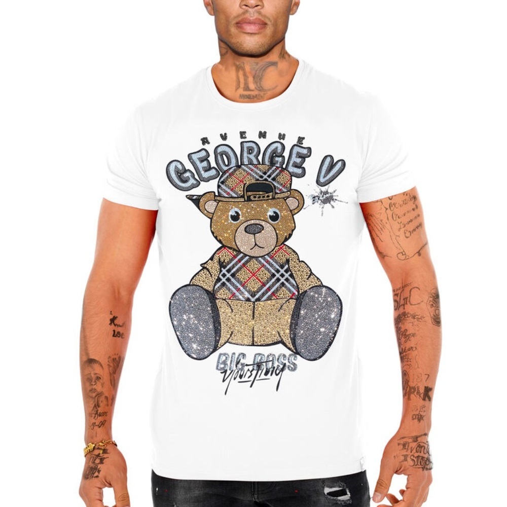 Mens Designer Avenue George V Graphic White Tee Shirt with rhinestones